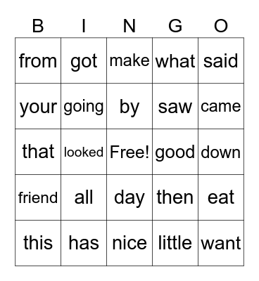 Kindergarten Sight Words 3 Bingo Card