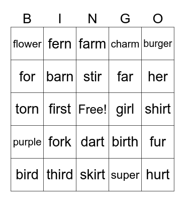ar, er, ir, or, ur Bingo Card
