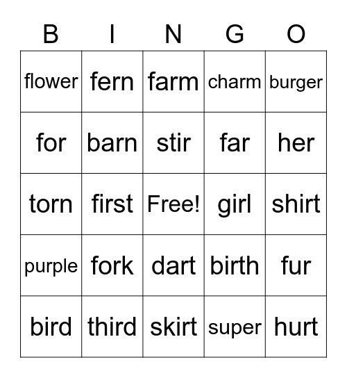 ar, er, ir, or, ur Bingo Card