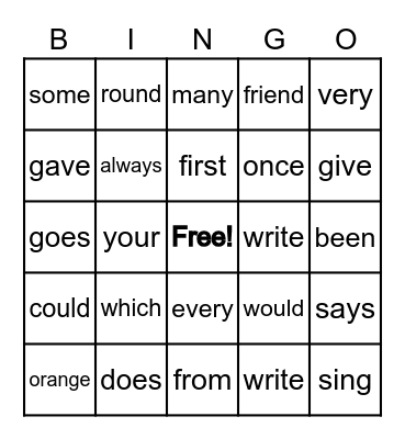 SIGHT WORDS Bingo Card