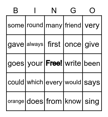 SIGHT WORDS Bingo Card