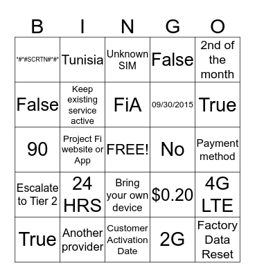 Project Fi Bingo Card