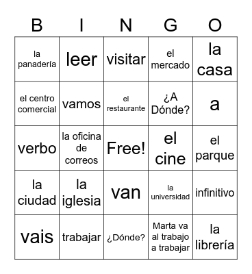El Verbo "ir" y lugares en la comunidad Bingo Card