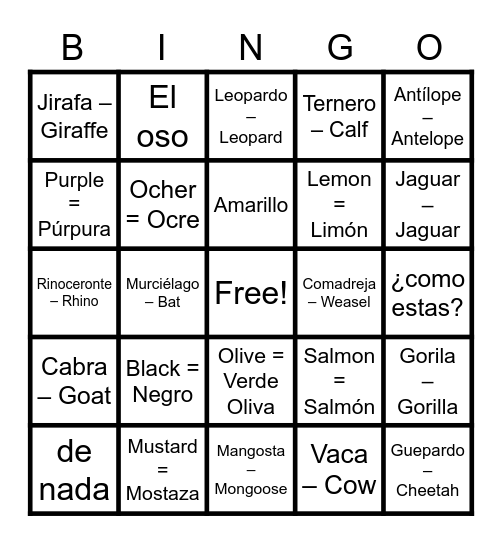 Spanish Colors, Numbers and Animals Bingo Card