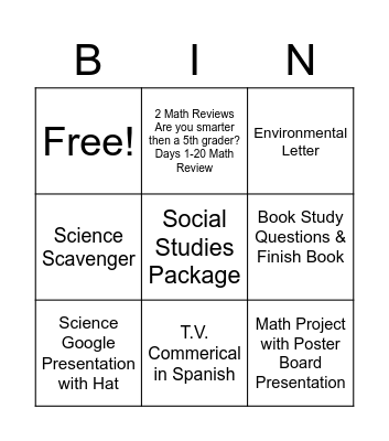 My Class Assignment Bingo Card