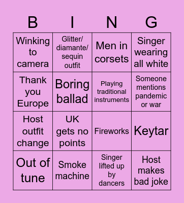 Eurovision bingo Card