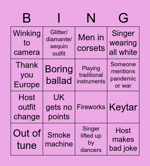Eurovision bingo Card