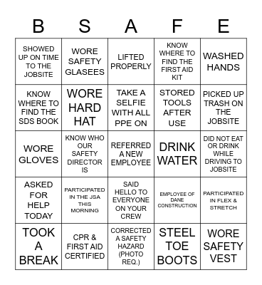 Safety Bingo Card