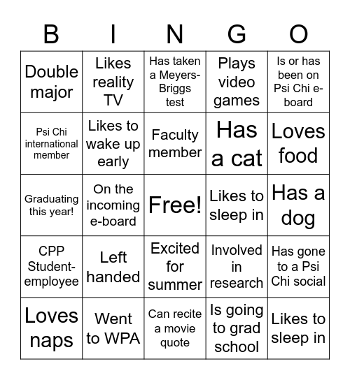 Psi Chi Banquet Bingo Card