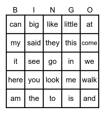 sight words! Bingo Card
