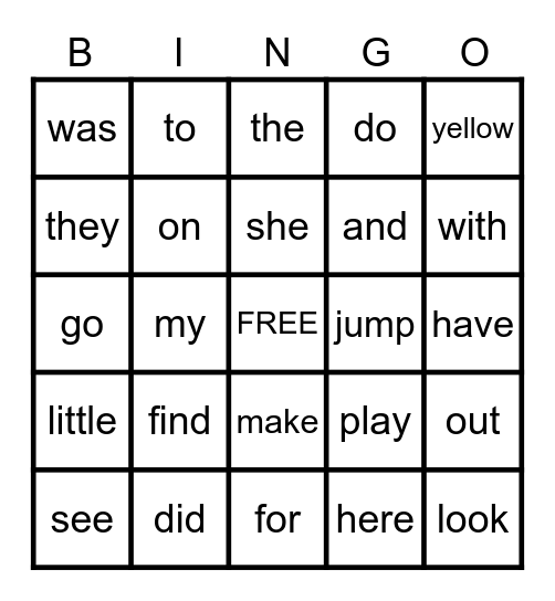 Sight Word Bingo Card