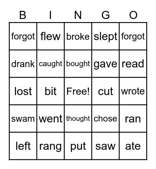 Irregular verbs Bingo Card