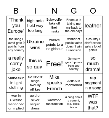 Eurovision Bingo Card