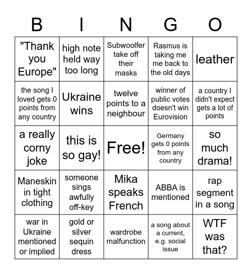 Eurovision Bingo Card