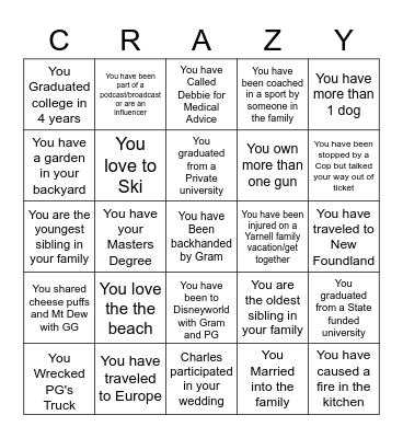 Yarnell Family Bingo Card