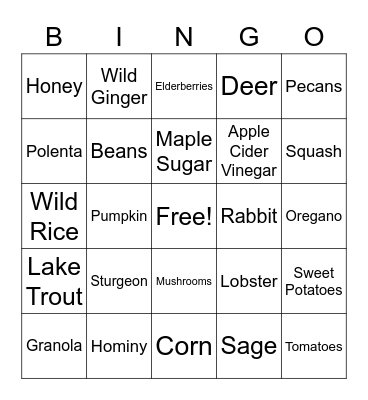 Indigenous Food Pantry Bingo Card