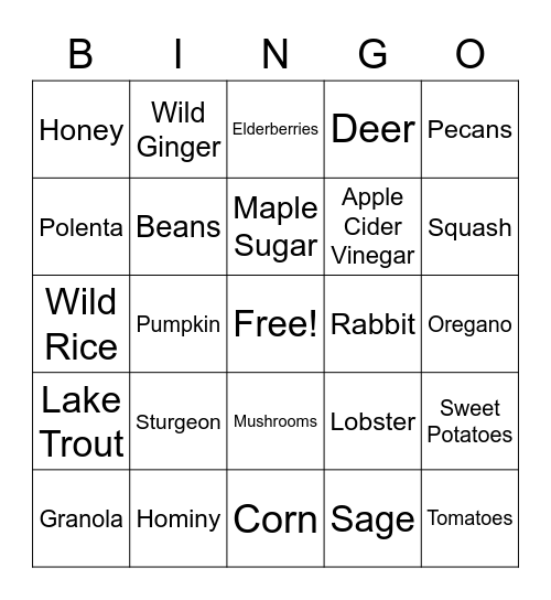 Indigenous Food Pantry Bingo Card