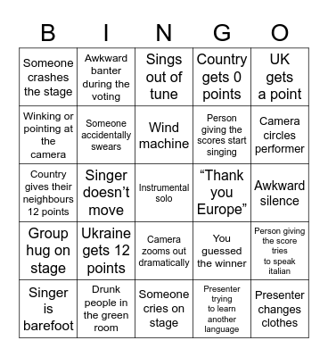 Eurovision Friction 2022 Bingo Card