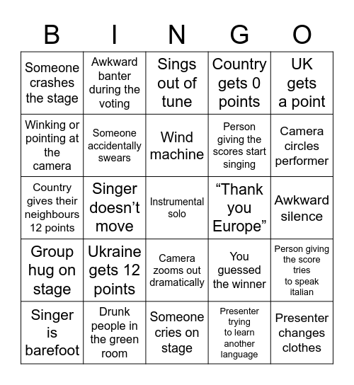 Eurovision Friction 2022 Bingo Card