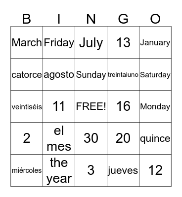 Months, Days and Numbers Bingo Card