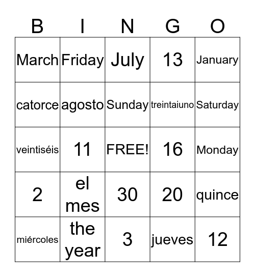 Months, Days and Numbers Bingo Card