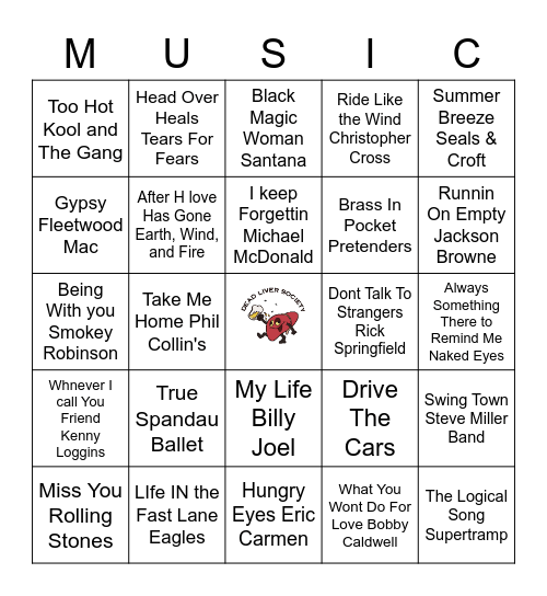 Yacht Rock Bingo Card