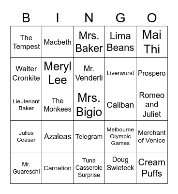 The Wednesday Wars Bingo Card