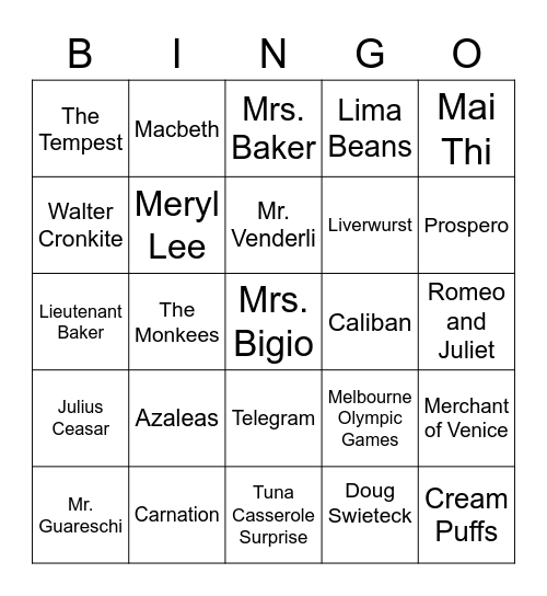 The Wednesday Wars Bingo Card