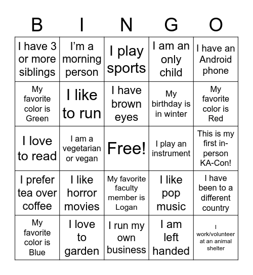 KA-Con 2022 Social Bingo Card