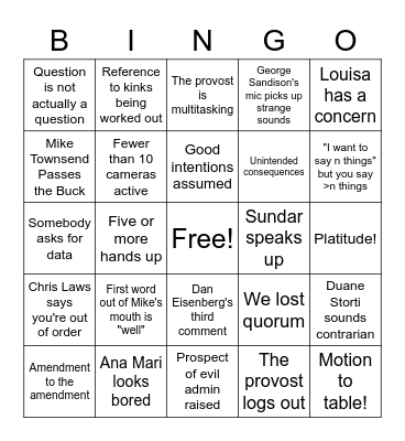 Faculty Senate Bingo Card