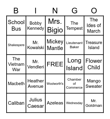 The Wednesday Wars Bingo Card