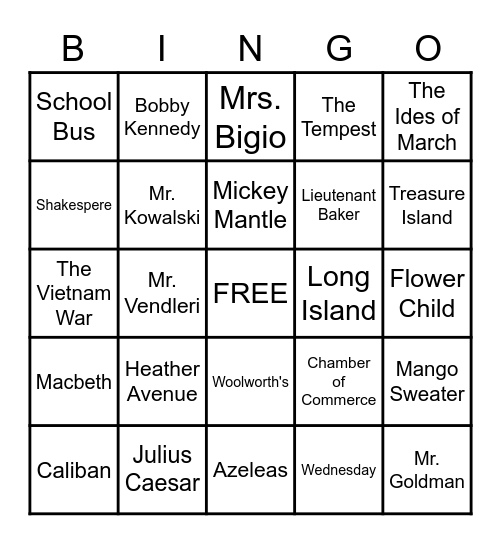 The Wednesday Wars Bingo Card