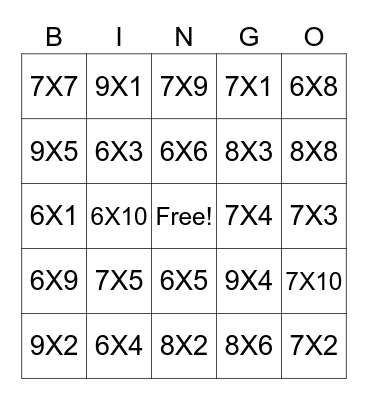 Multiplication 6-9 Bingo Card