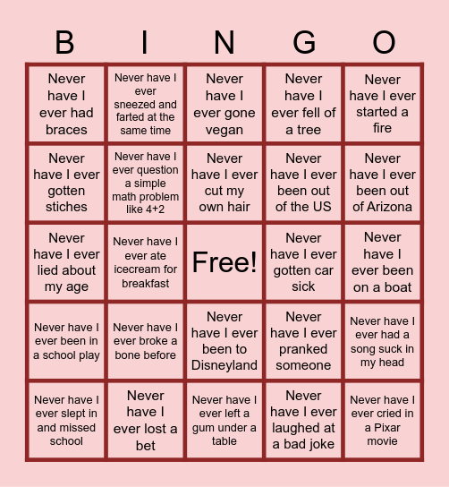 Never Have I Ever Bingo Card