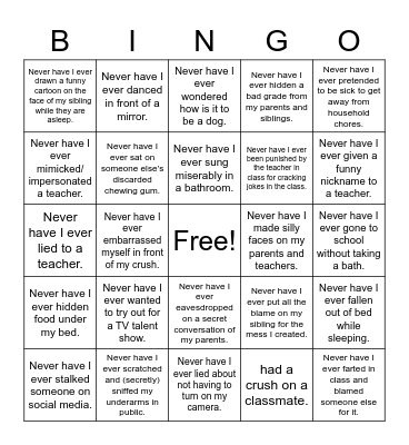 Never Have I Ever (Student Edition) Bingo Card