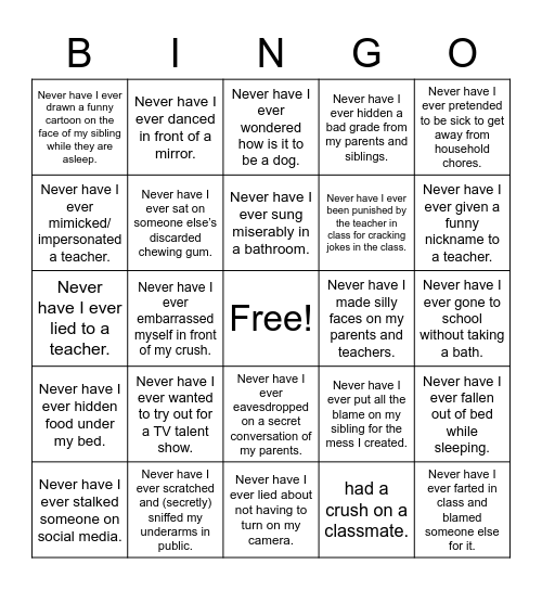 Never Have I Ever (Student Edition) Bingo Card
