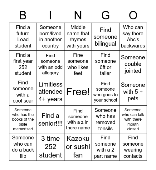 252 Bingo Card