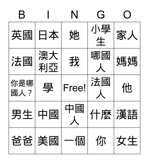 國家 Bingo Card