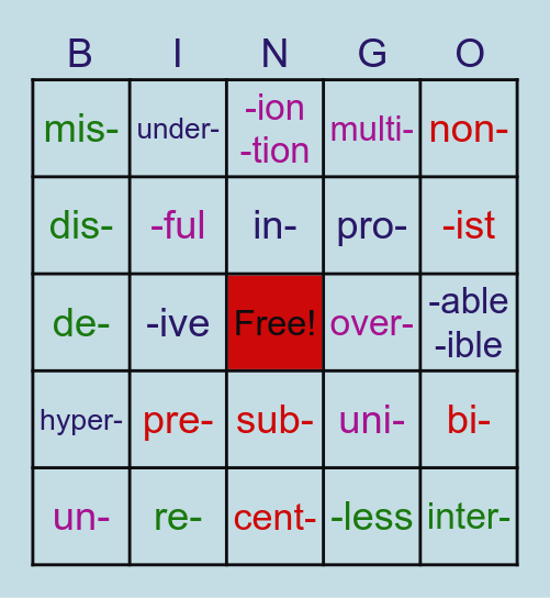 AFFIXES -- PREFIXES & SUFFIXES Bingo Card