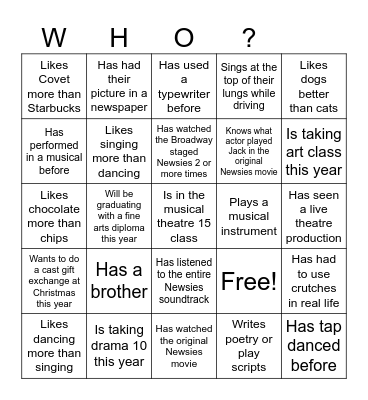Find Someone Who- Newsies Edition! Bingo Card