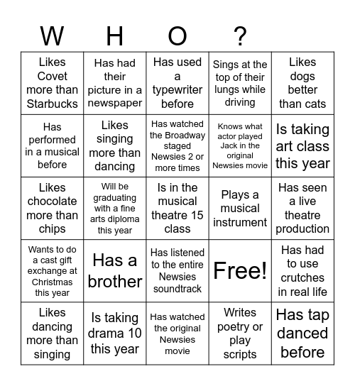 Find Someone Who- Newsies Edition! Bingo Card