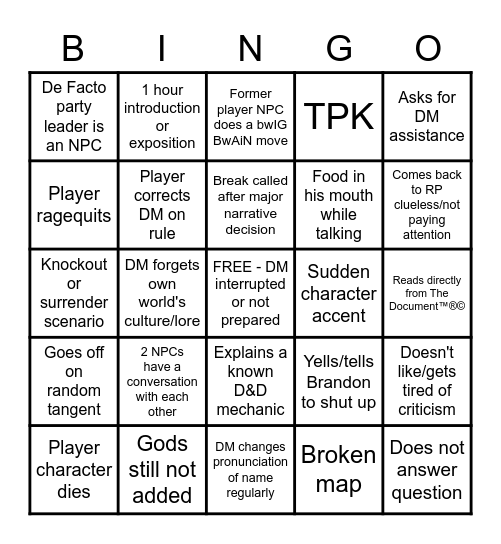 D&Dumpy Bingo Card