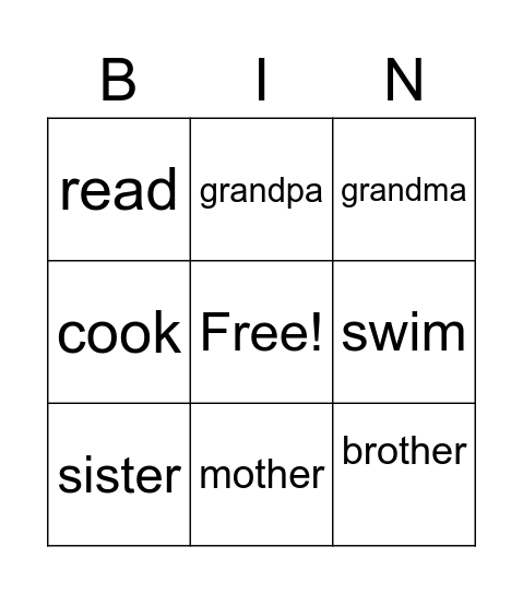 family and verbs Bingo Card