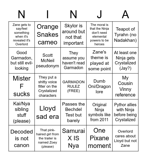 NINJAGO CRYSTALIZED Bingo Card