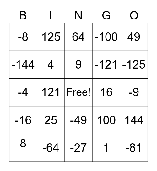 Exponents Bingo Card