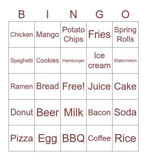 FOOOOOOD Bingo Card