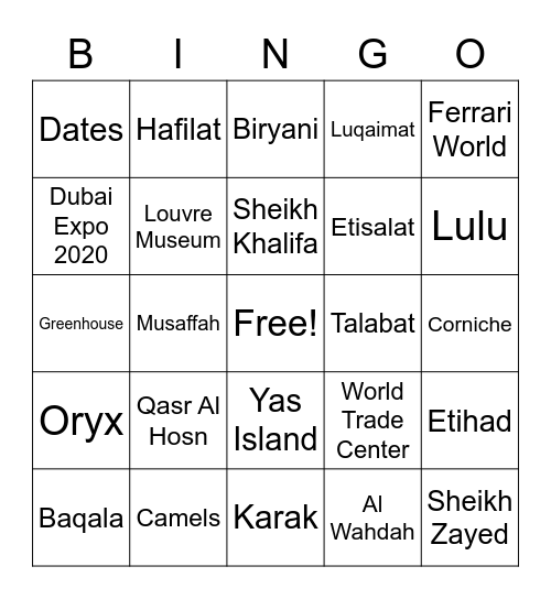 Abu Dhabi Bingo Card