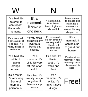 Animal Sentences Bingo Card