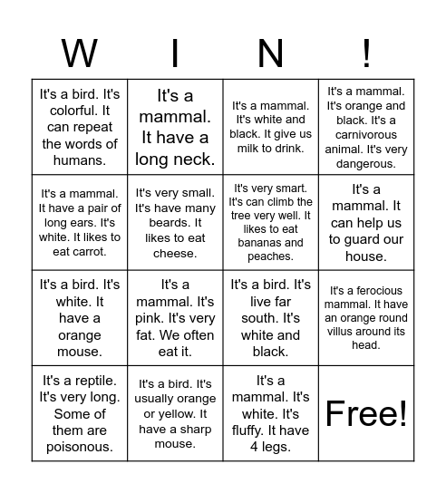 Animal Sentences Bingo Card