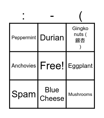 Food Dislikes Bingo Card